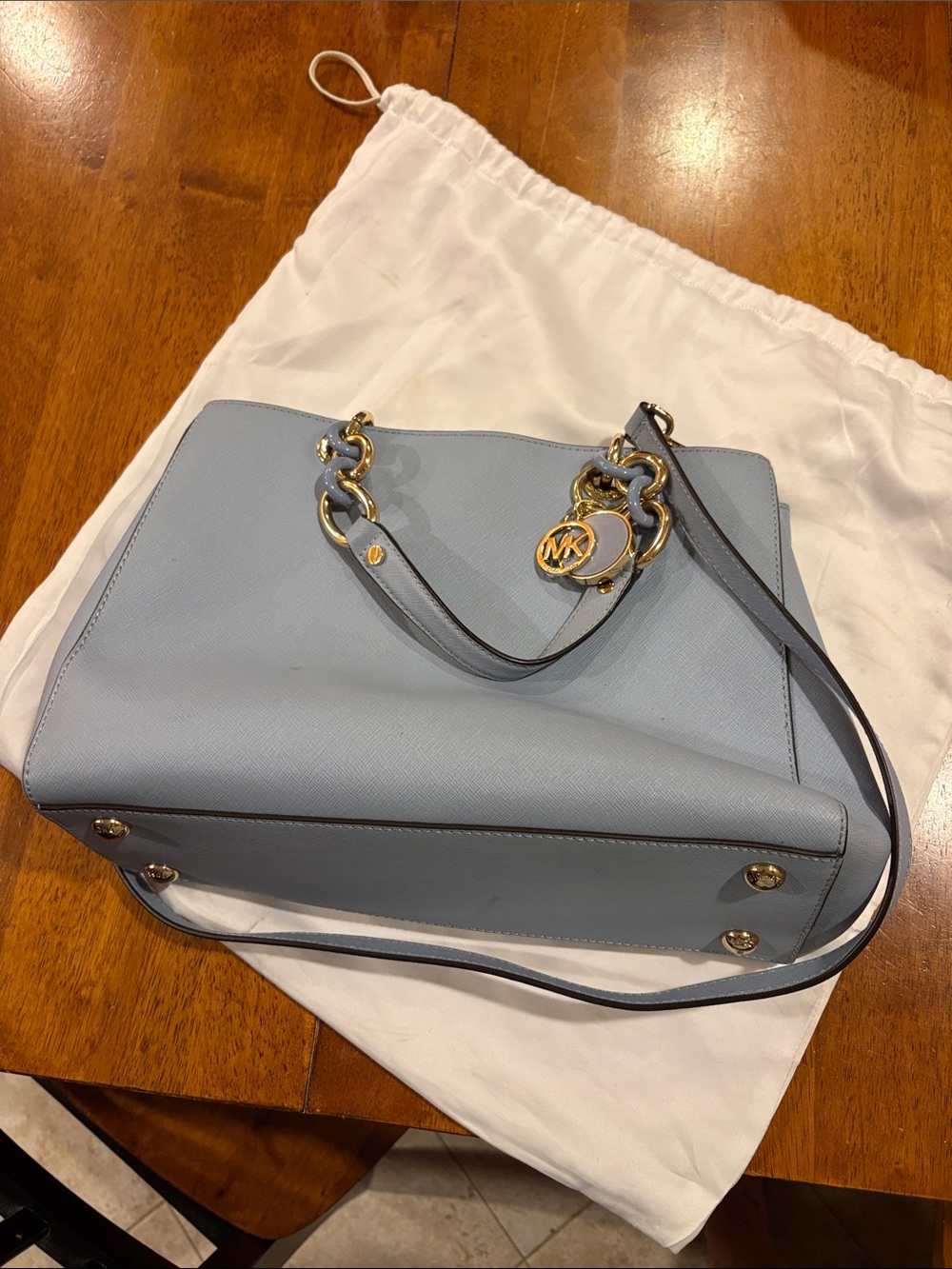 Michael Kors Light Blue Saffiano Leather Tote with Gold Hardware